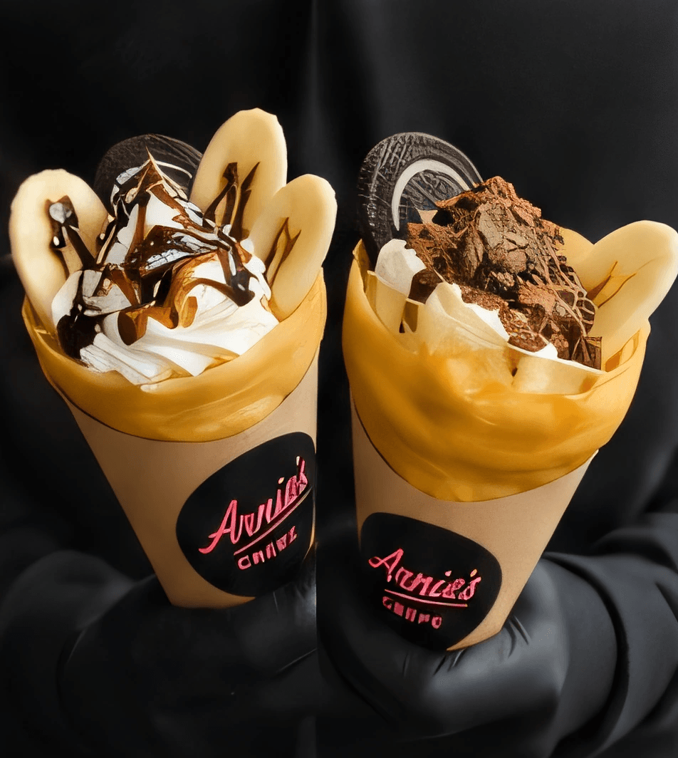バナナとチョコ、クッキーを盛った生クリームのクレープ 2 つ