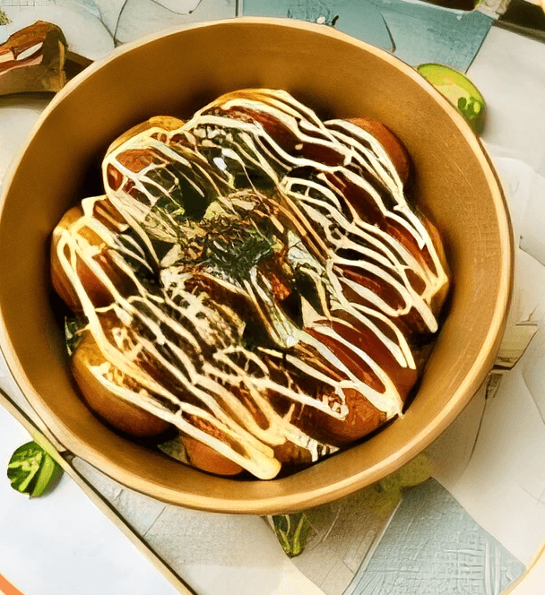 マヨネーズと青のりをかけた舟皿のたこ焼き